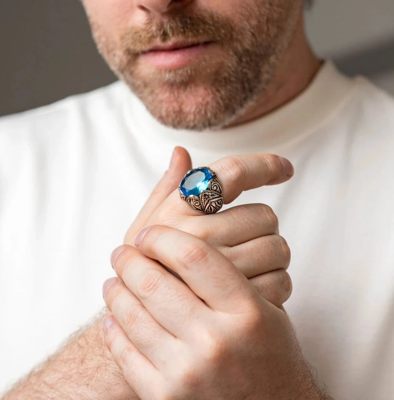 RARE PRINCE by CARAT SUTRA | Exclusively Designed Ring with Blue Topaz | 925 Sterling Silver Oxidized Ring | Men's Jewelry | With Certificate of Authenticity and 925 Hallmark - Image 4