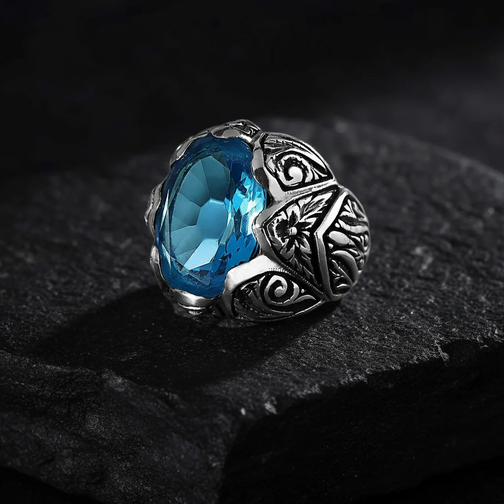 RARE PRINCE by CARAT SUTRA | Exclusively Designed Ring with Blue Topaz | 925 Sterling Silver Oxidized Ring | Men's Jewelry | With Certificate of Authenticity and 925 Hallmark - Image 7