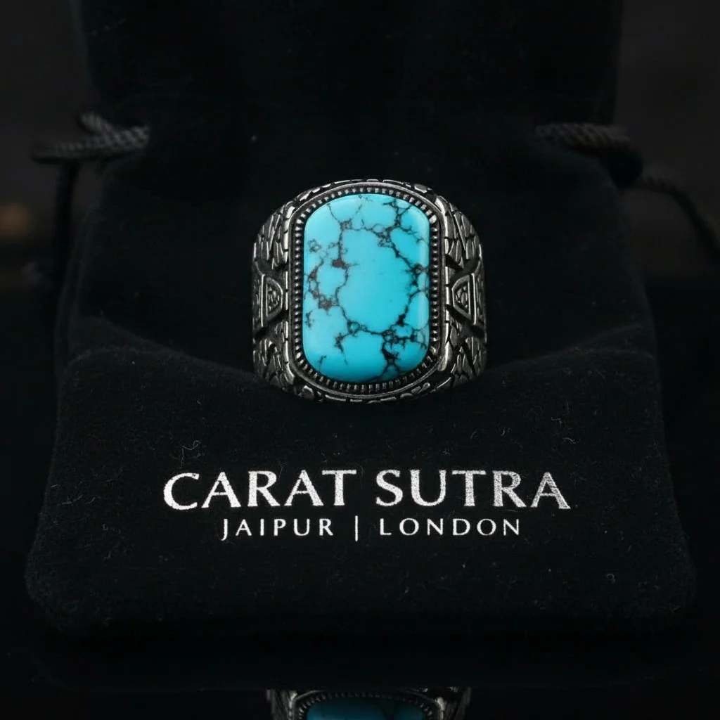 RARE PRINCE by CARAT SUTRA | Unique Designed Turkish Style Ring with Natural Irani Turquoise (Firoza) | 925 Sterling Silver Oxidized Ring | Men's Jewelry | With Certificate of Authenticity and 925 Hallmark - Image 3