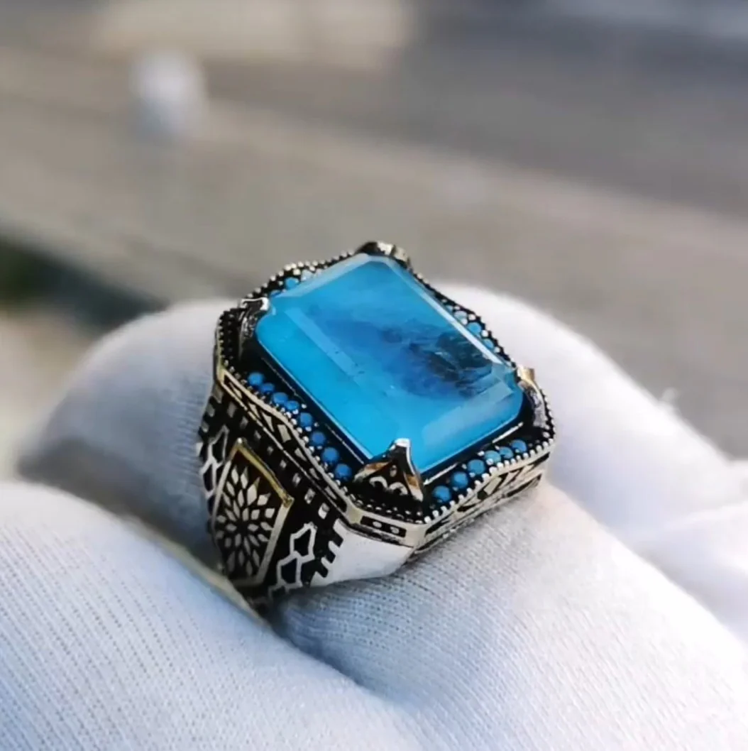 RARE PRINCE by CARAT SUTRA | Unique Designed Turkish Style Ring with Natural Blue Topaz | 925 Sterling Silver Oxidized Ring | Men's Jewelry | With Certificate of Authenticity and 925 Hallmark - Image 3