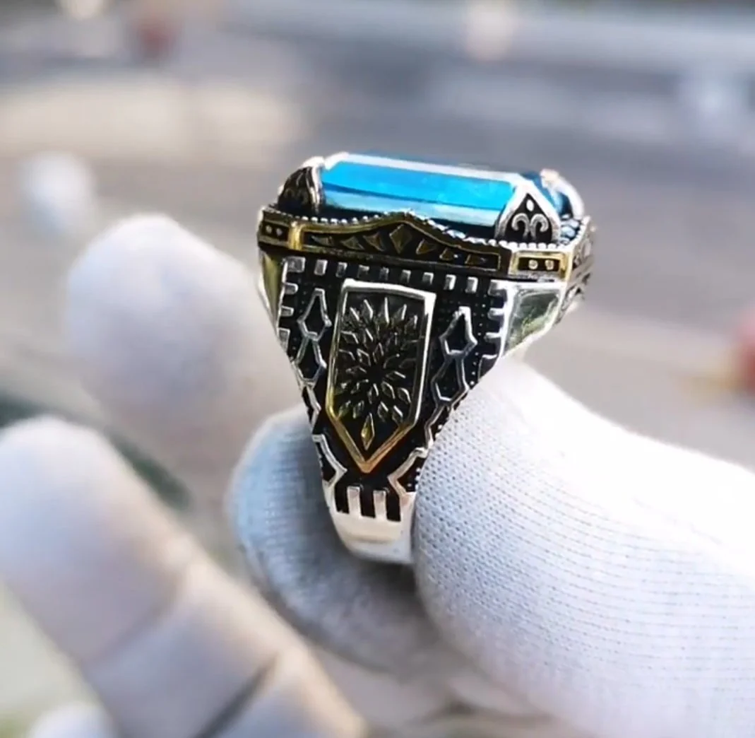 RARE PRINCE by CARAT SUTRA | Unique Designed Turkish Style Ring with Natural Blue Topaz | 925 Sterling Silver Oxidized Ring | Men's Jewelry | With Certificate of Authenticity and 925 Hallmark - Image 4