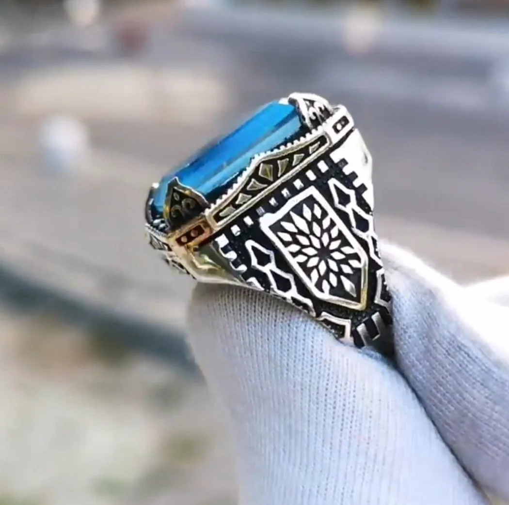 RARE PRINCE by CARAT SUTRA | Unique Designed Turkish Style Ring with Natural Blue Topaz | 925 Sterling Silver Oxidized Ring | Men's Jewelry | With Certificate of Authenticity and 925 Hallmark - Image 5