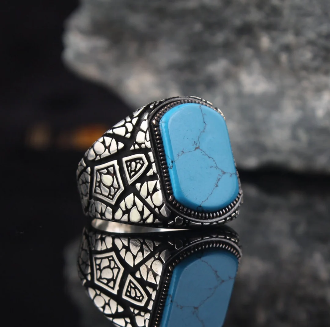 RARE PRINCE by CARAT SUTRA | Unique Designed Turkish Style Ring with Natural Irani Turquoise (Firoza) | 925 Sterling Silver Oxidized Ring | Men's Jewelry | With Certificate of Authenticity and 925 Hallmark - Image 4