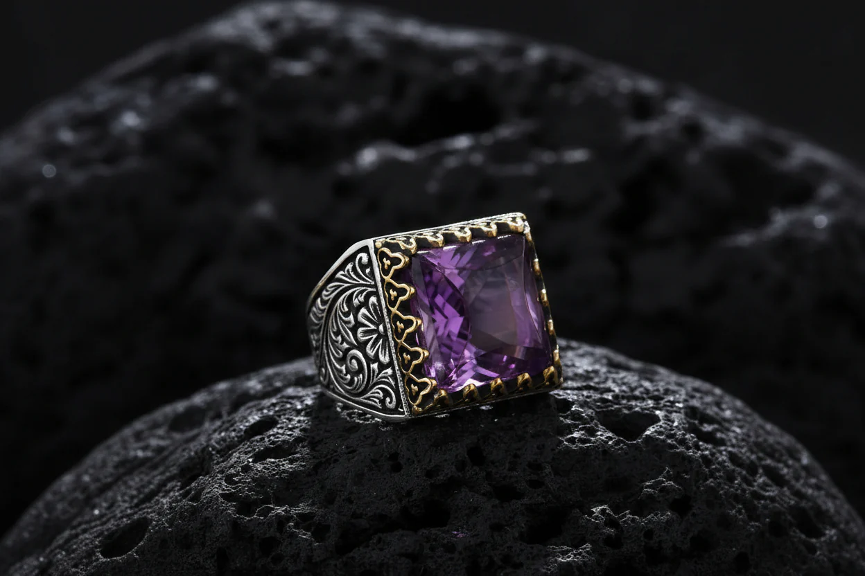 RARE PRINCE by CARAT SUTRA | Unique Designed Turkish Style Premium Ring with Purple Amethyst | 925 Sterling Silver Oxidized Ring | Men's Jewelry | With Certificate of Authenticity and 925 Hallmark