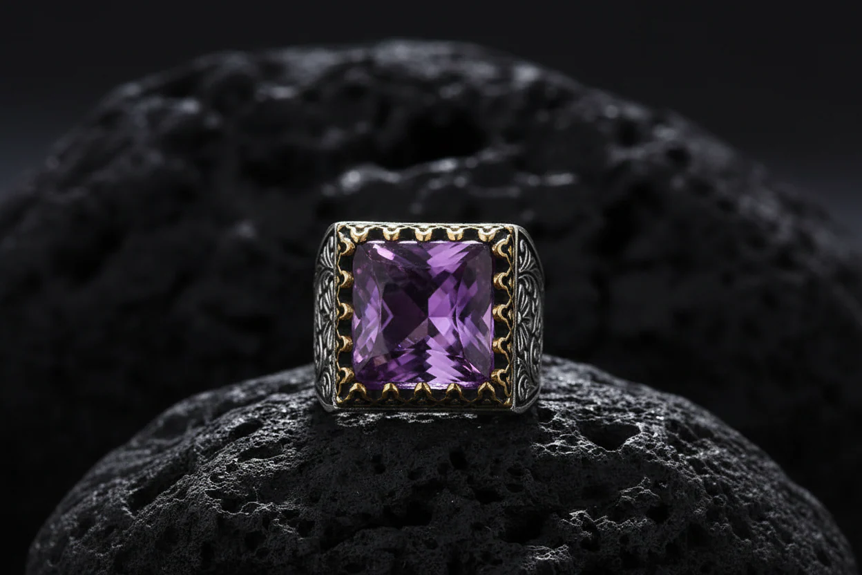 RARE PRINCE by CARAT SUTRA | Unique Designed Turkish Style Premium Ring with Purple Amethyst | 925 Sterling Silver Oxidized Ring | Men's Jewelry | With Certificate of Authenticity and 925 Hallmark - Image 2
