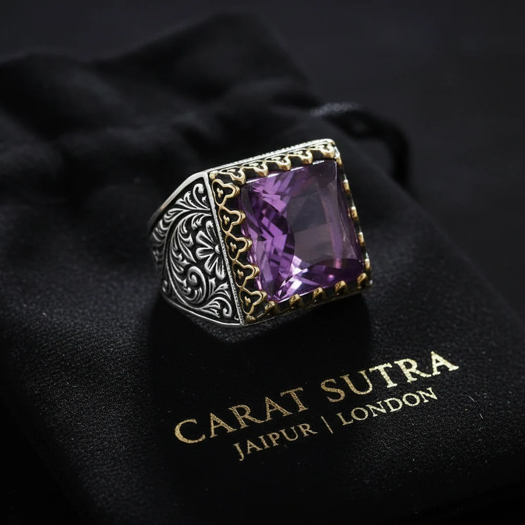 RARE PRINCE by CARAT SUTRA | Unique Designed Turkish Style Premium Ring with Purple Amethyst | 925 Sterling Silver Oxidized Ring | Men's Jewelry | With Certificate of Authenticity and 925 Hallmark - Image 3