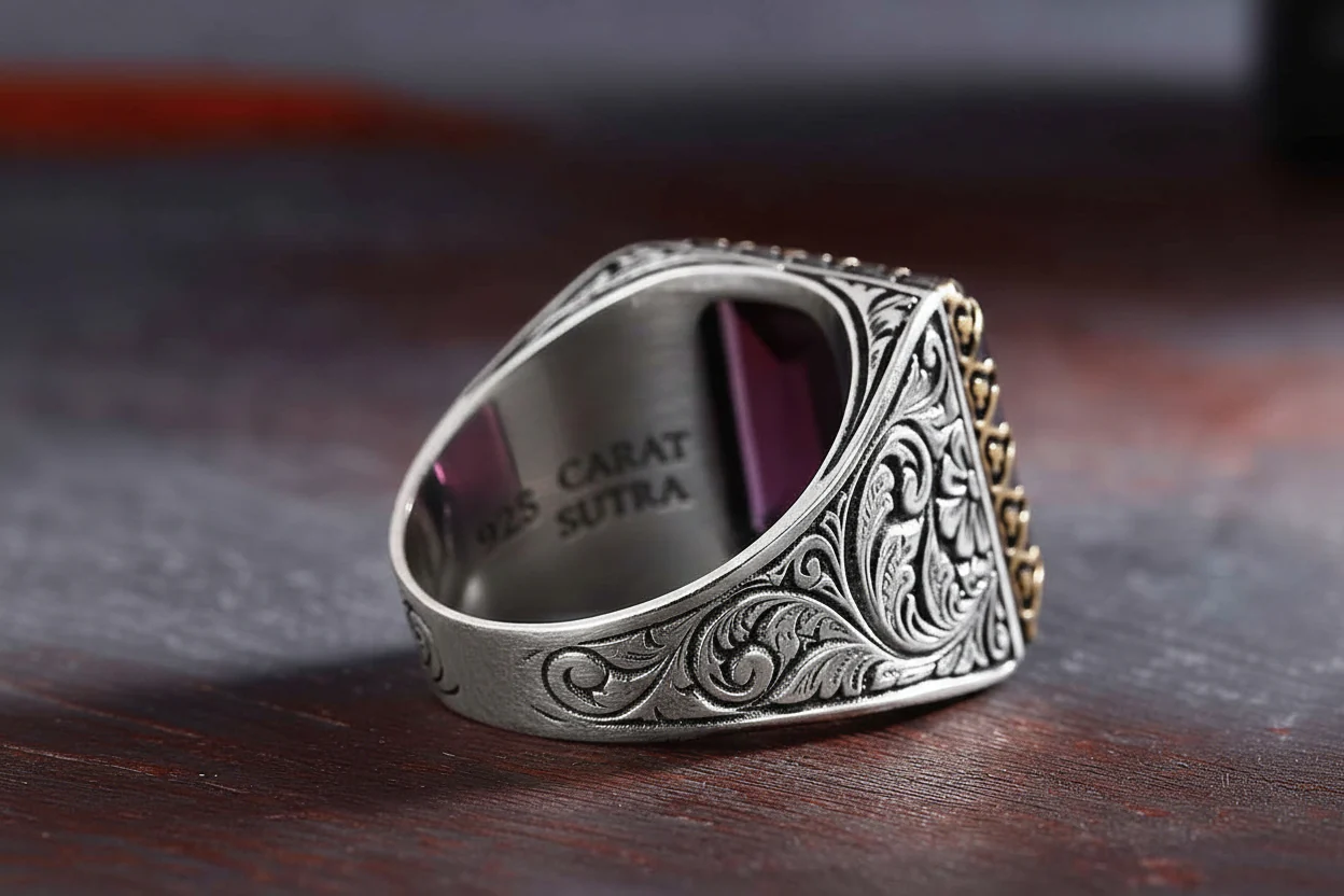 RARE PRINCE by CARAT SUTRA | Unique Designed Turkish Style Premium Ring with Purple Amethyst | 925 Sterling Silver Oxidized Ring | Men's Jewelry | With Certificate of Authenticity and 925 Hallmark - Image 4