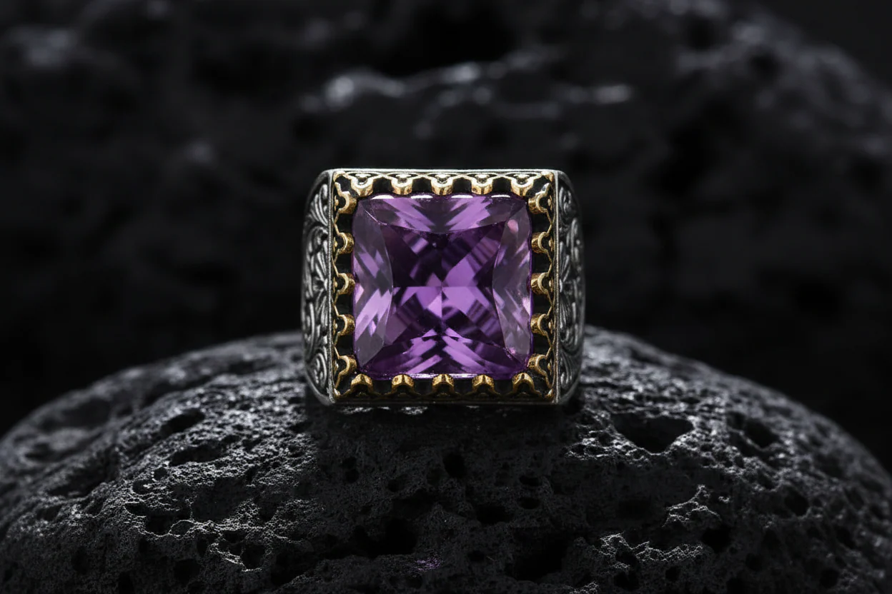 RARE PRINCE by CARAT SUTRA | Unique Designed Turkish Style Premium Ring with Purple Amethyst | 925 Sterling Silver Oxidized Ring | Men's Jewelry | With Certificate of Authenticity and 925 Hallmark - Image 5