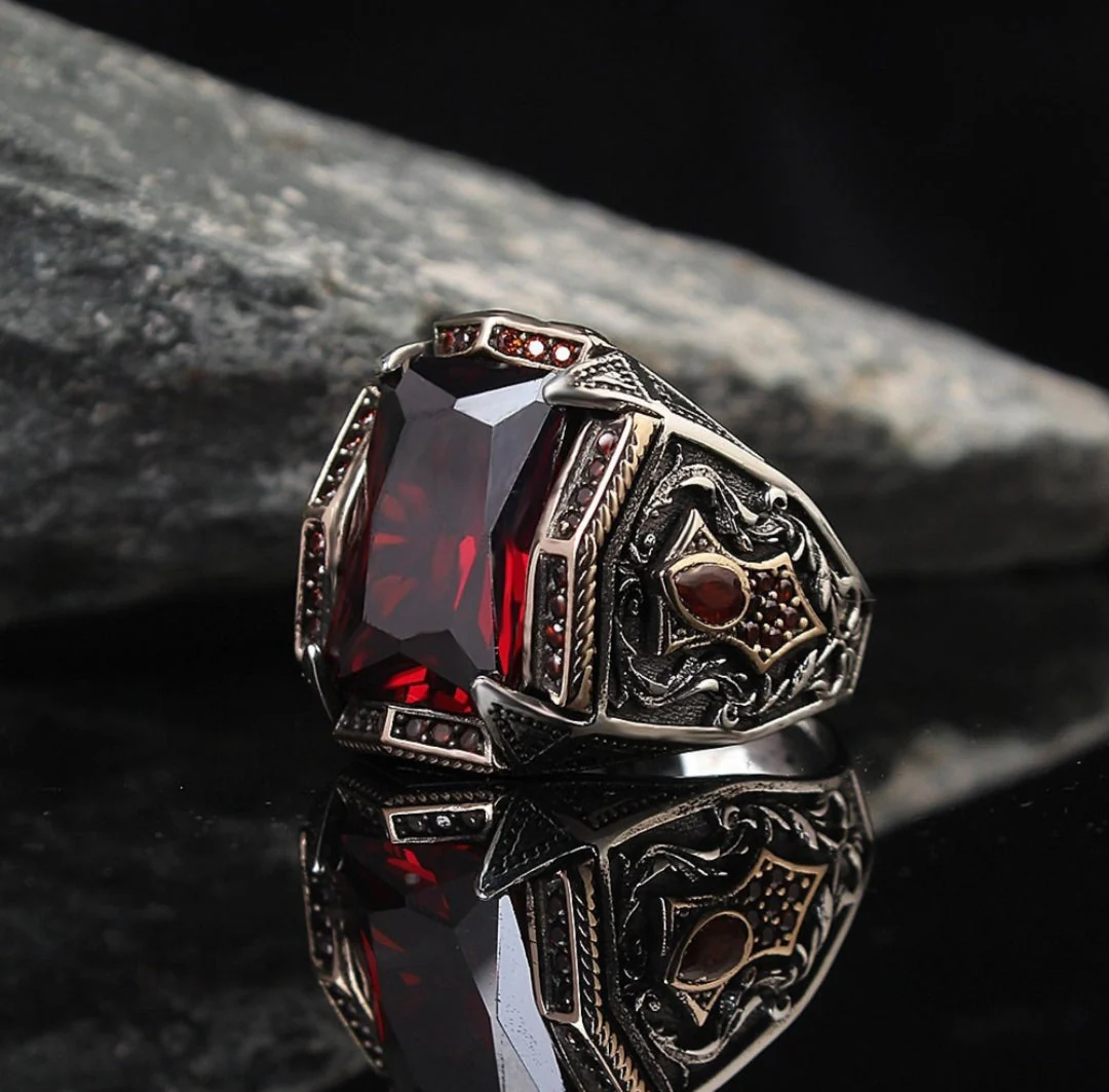 RARE PRINCE by CARAT SUTRA | Unique Designed Turkish Style Heavy Ring with Red Zircon | 925 Sterling Silver Oxidized Ring | Men's Jewelry | With Certificate of Authenticity and 925 Hallmark