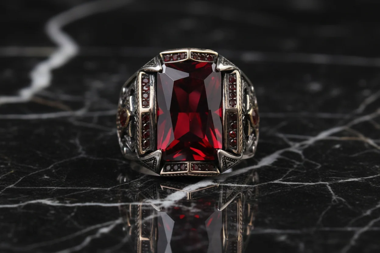 RARE PRINCE by CARAT SUTRA | Unique Designed Turkish Style Heavy Ring with Red Zircon | 925 Sterling Silver Oxidized Ring | Men's Jewelry | With Certificate of Authenticity and 925 Hallmark - Image 10
