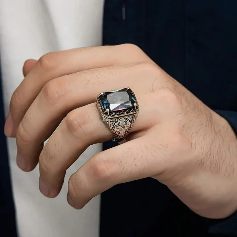 RARE PRINCE by CARAT SUTRA | Unique Designed Turkish Style Ring with Multicolored Alexandrite | 925 Sterling Silver Oxidized Ring | Men's Jewelry | With Certificate of Authenticity and 925 Hallmark - Image 4
