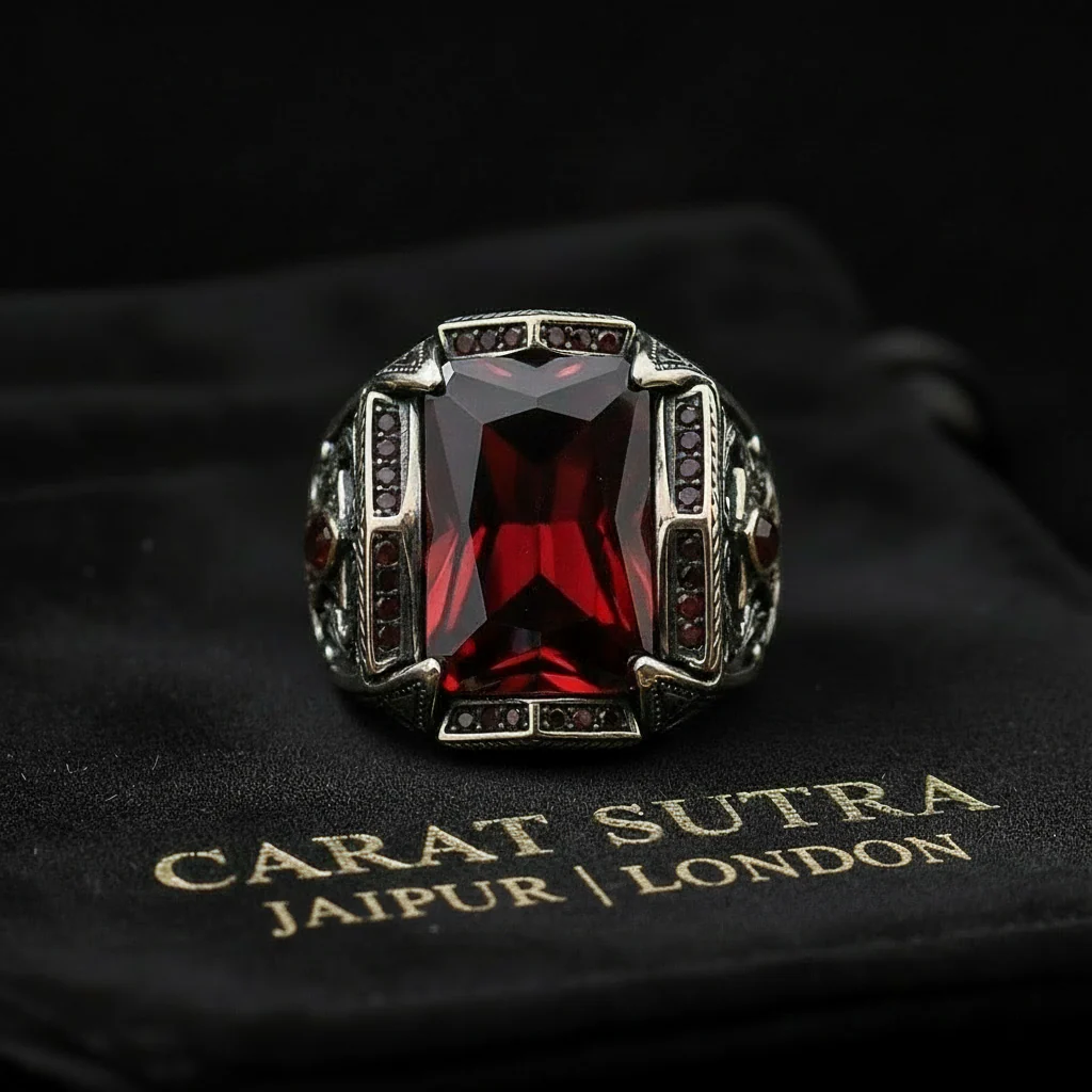 RARE PRINCE by CARAT SUTRA | Unique Designed Turkish Style Heavy Ring with Red Zircon | 925 Sterling Silver Oxidized Ring | Men's Jewelry | With Certificate of Authenticity and 925 Hallmark - Image 2