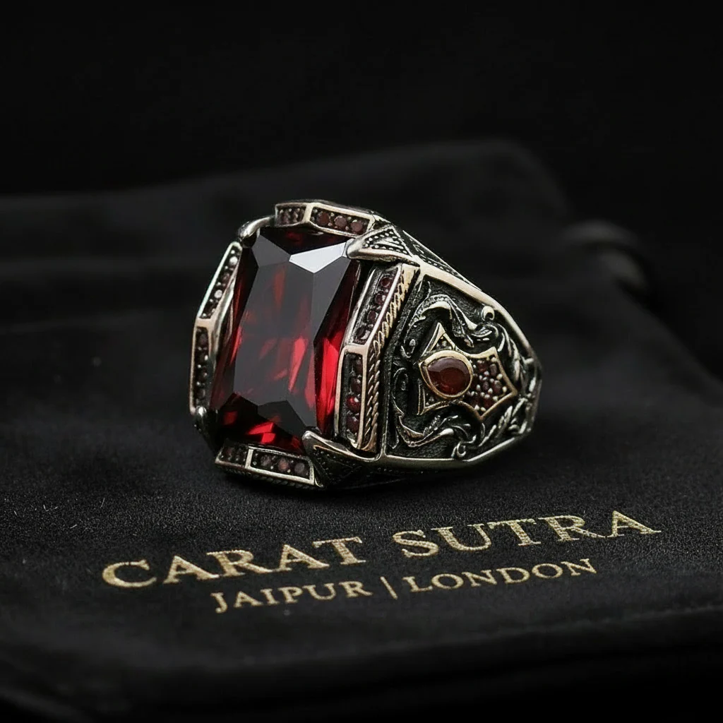 RARE PRINCE by CARAT SUTRA | Unique Designed Turkish Style Heavy Ring with Red Zircon | 925 Sterling Silver Oxidized Ring | Men's Jewelry | With Certificate of Authenticity and 925 Hallmark - Image 3