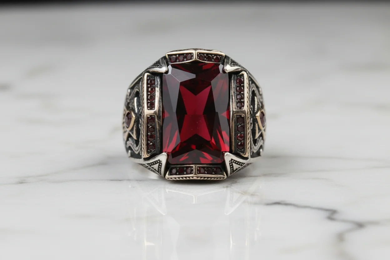 RARE PRINCE by CARAT SUTRA | Unique Designed Turkish Style Heavy Ring with Red Zircon | 925 Sterling Silver Oxidized Ring | Men's Jewelry | With Certificate of Authenticity and 925 Hallmark - Image 4