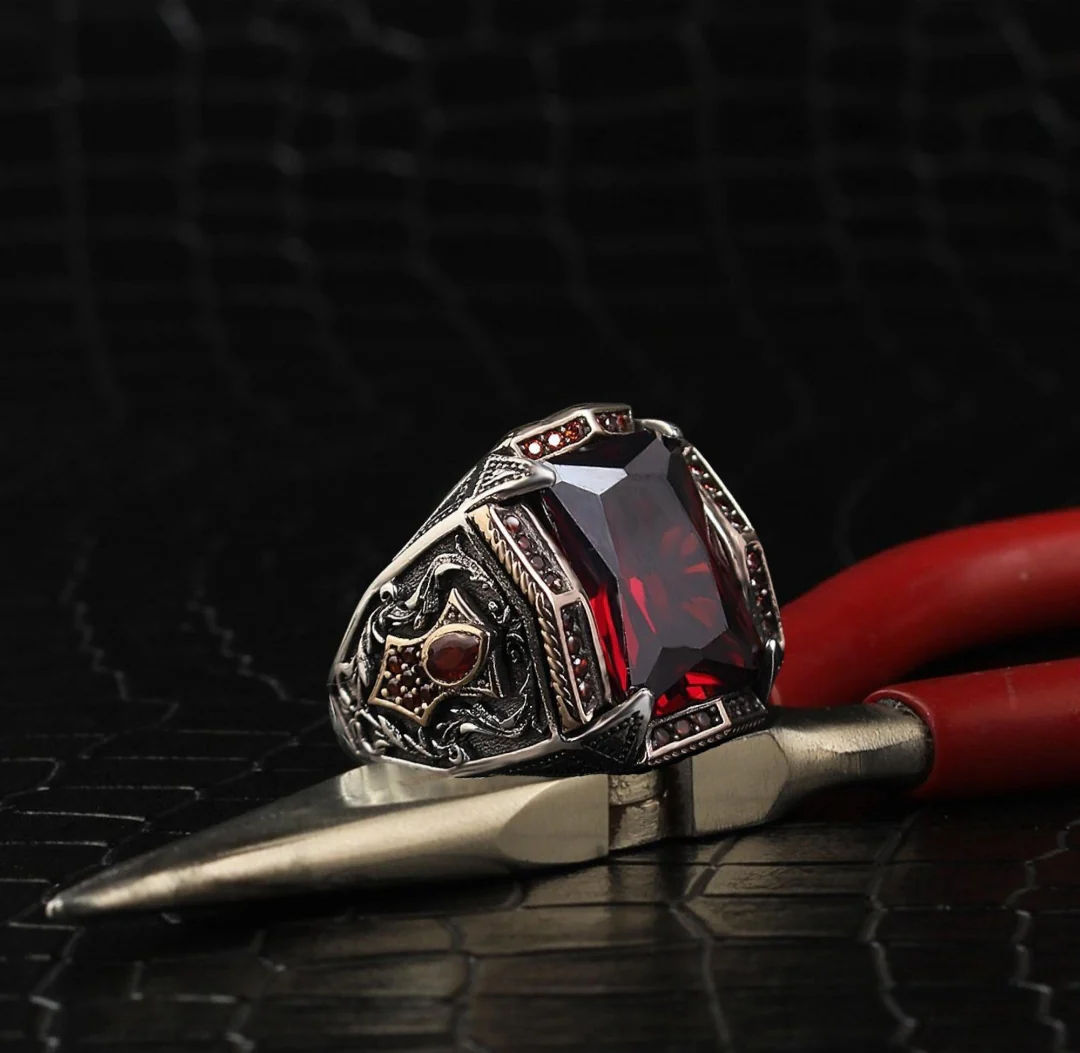 RARE PRINCE by CARAT SUTRA | Unique Designed Turkish Style Heavy Ring with Red Zircon | 925 Sterling Silver Oxidized Ring | Men's Jewelry | With Certificate of Authenticity and 925 Hallmark - Image 5