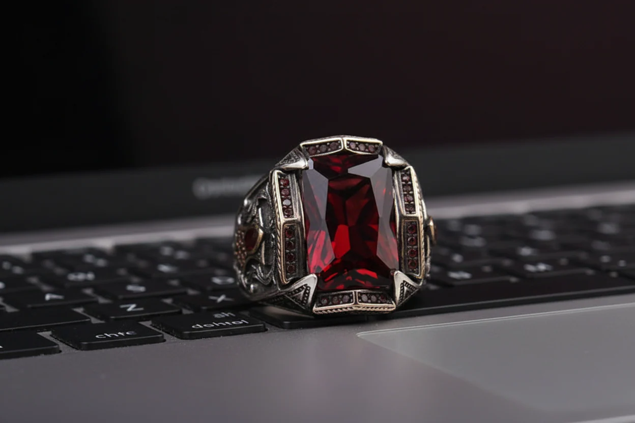 RARE PRINCE by CARAT SUTRA | Unique Designed Turkish Style Heavy Ring with Red Zircon | 925 Sterling Silver Oxidized Ring | Men's Jewelry | With Certificate of Authenticity and 925 Hallmark - Image 6