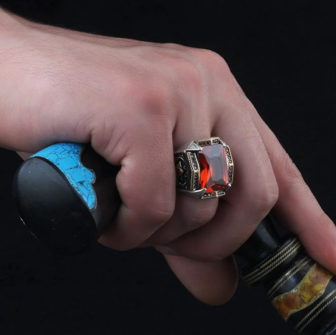 RARE PRINCE by CARAT SUTRA | Unique Designed Turkish Style Heavy Ring with Red Zircon | 925 Sterling Silver Oxidized Ring | Men's Jewelry | With Certificate of Authenticity and 925 Hallmark - Image 7