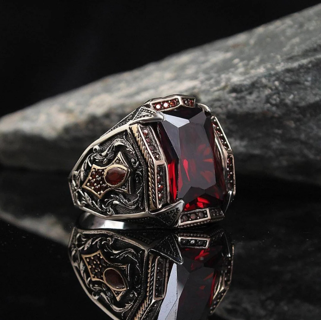 RARE PRINCE by CARAT SUTRA | Unique Designed Turkish Style Heavy Ring with Red Zircon | 925 Sterling Silver Oxidized Ring | Men's Jewelry | With Certificate of Authenticity and 925 Hallmark - Image 8