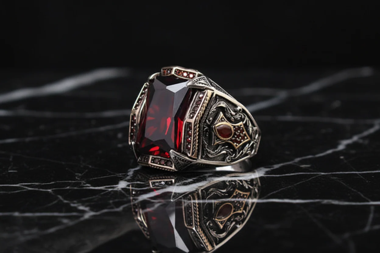 RARE PRINCE by CARAT SUTRA | Unique Designed Turkish Style Heavy Ring with Red Zircon | 925 Sterling Silver Oxidized Ring | Men's Jewelry | With Certificate of Authenticity and 925 Hallmark - Image 9