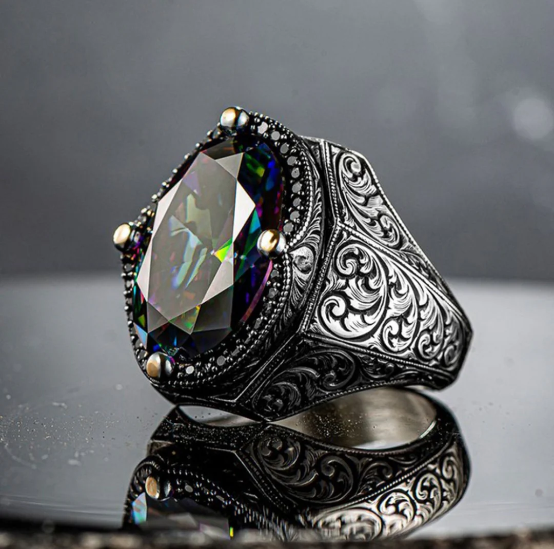 RARE PRINCE by CARAT SUTRA | Unique Designed Turkish Style Heavy Ring with Multicolored Alexandrite | 925 Sterling Silver Oxidized Ring | Men's Jewelry | With Certificate of Authenticity and 925 Hallmark