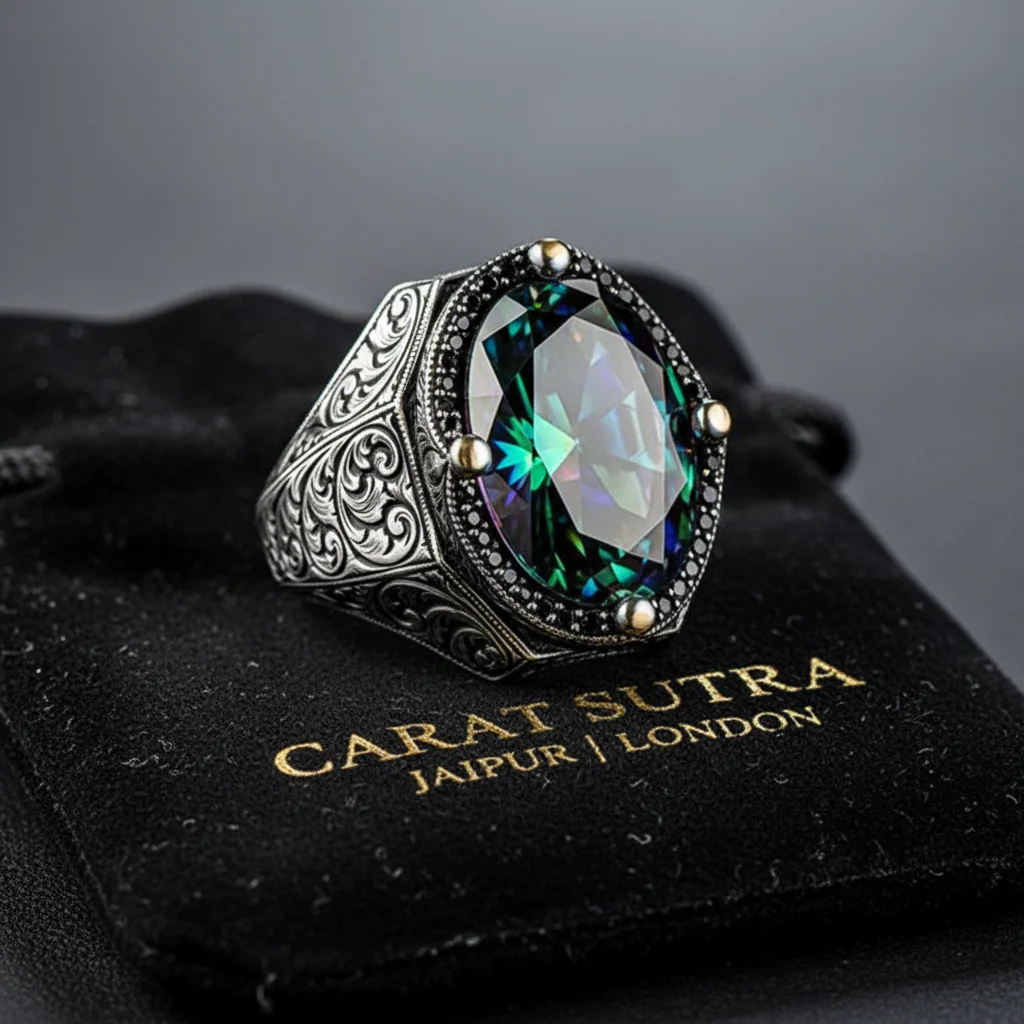 RARE PRINCE by CARAT SUTRA | Unique Designed Turkish Style Heavy Ring with Multicolored Alexandrite | 925 Sterling Silver Oxidized Ring | Men's Jewelry | With Certificate of Authenticity and 925 Hallmark - Image 2