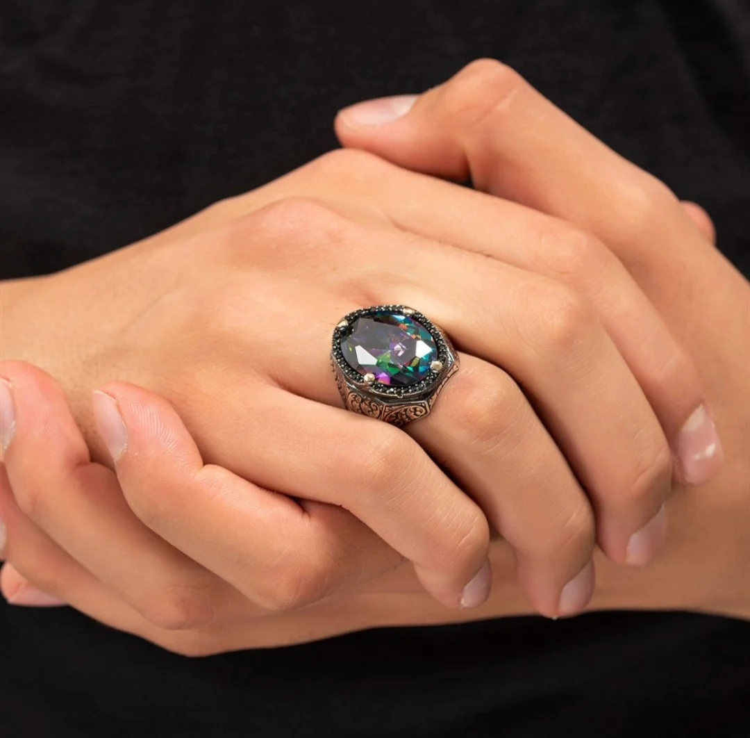 RARE PRINCE by CARAT SUTRA | Unique Designed Turkish Style Heavy Ring with Multicolored Alexandrite | 925 Sterling Silver Oxidized Ring | Men's Jewelry | With Certificate of Authenticity and 925 Hallmark - Image 3