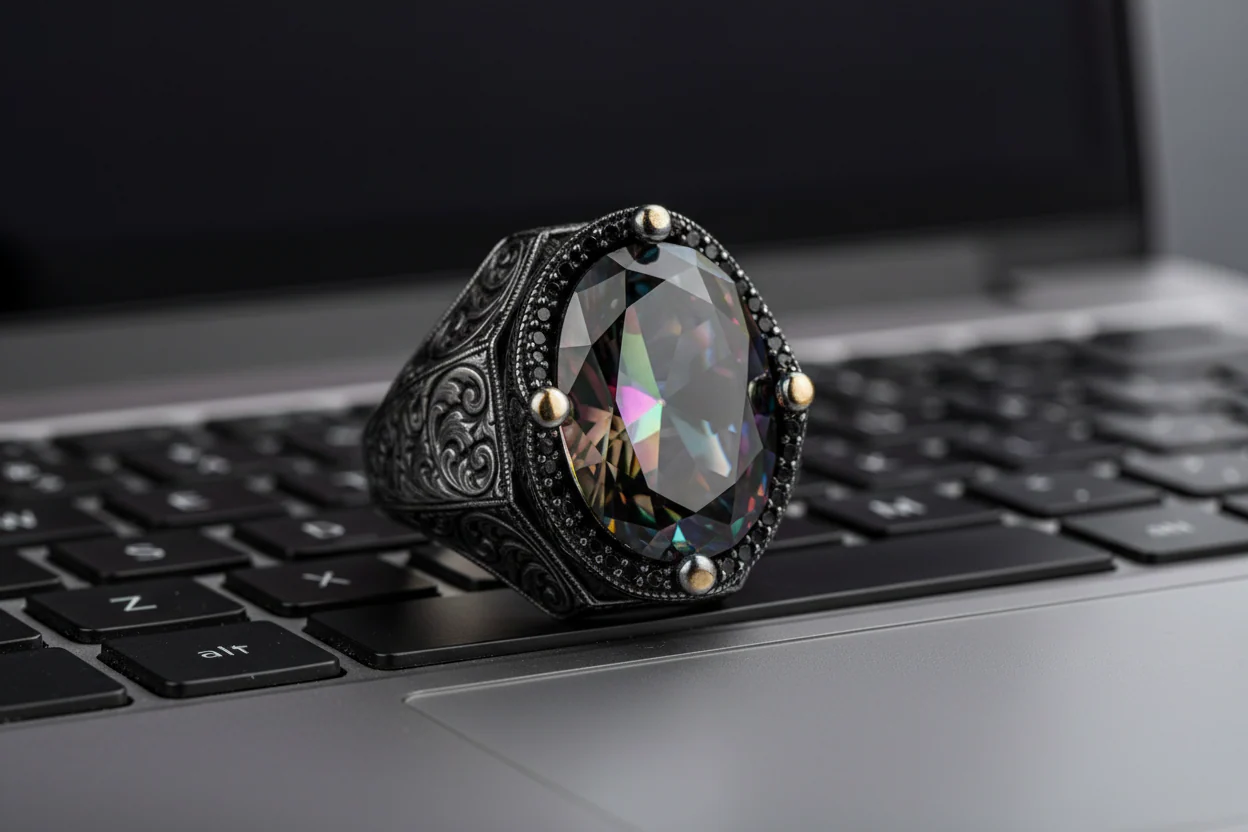 RARE PRINCE by CARAT SUTRA | Unique Designed Turkish Style Heavy Ring with Multicolored Alexandrite | 925 Sterling Silver Oxidized Ring | Men's Jewelry | With Certificate of Authenticity and 925 Hallmark - Image 4