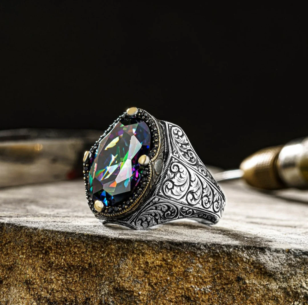 RARE PRINCE by CARAT SUTRA | Unique Designed Turkish Style Heavy Ring with Multicolored Alexandrite | 925 Sterling Silver Oxidized Ring | Men's Jewelry | With Certificate of Authenticity and 925 Hallmark - Image 5