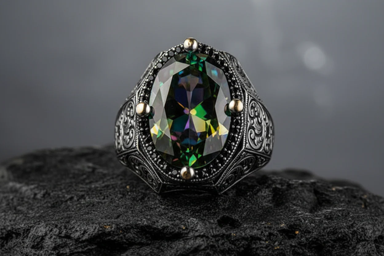 RARE PRINCE by CARAT SUTRA | Unique Designed Turkish Style Heavy Ring with Multicolored Alexandrite | 925 Sterling Silver Oxidized Ring | Men's Jewelry | With Certificate of Authenticity and 925 Hallmark - Image 6
