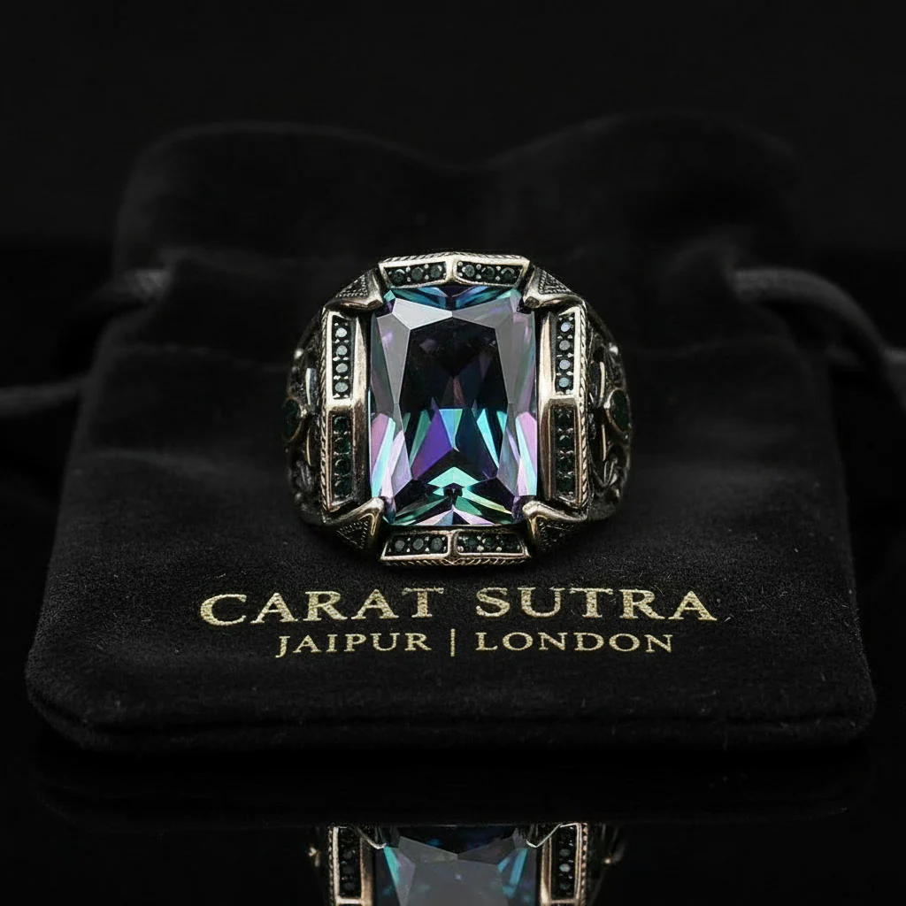 RARE PRINCE by CARAT SUTRA | Unique Designed Turkish Style Heavy Ring with Multicolored Alexandrite | 925 Sterling Silver Oxidized Ring | Men's Jewelry | With Certificate of Authenticity and 925 Hallmark - Image 3