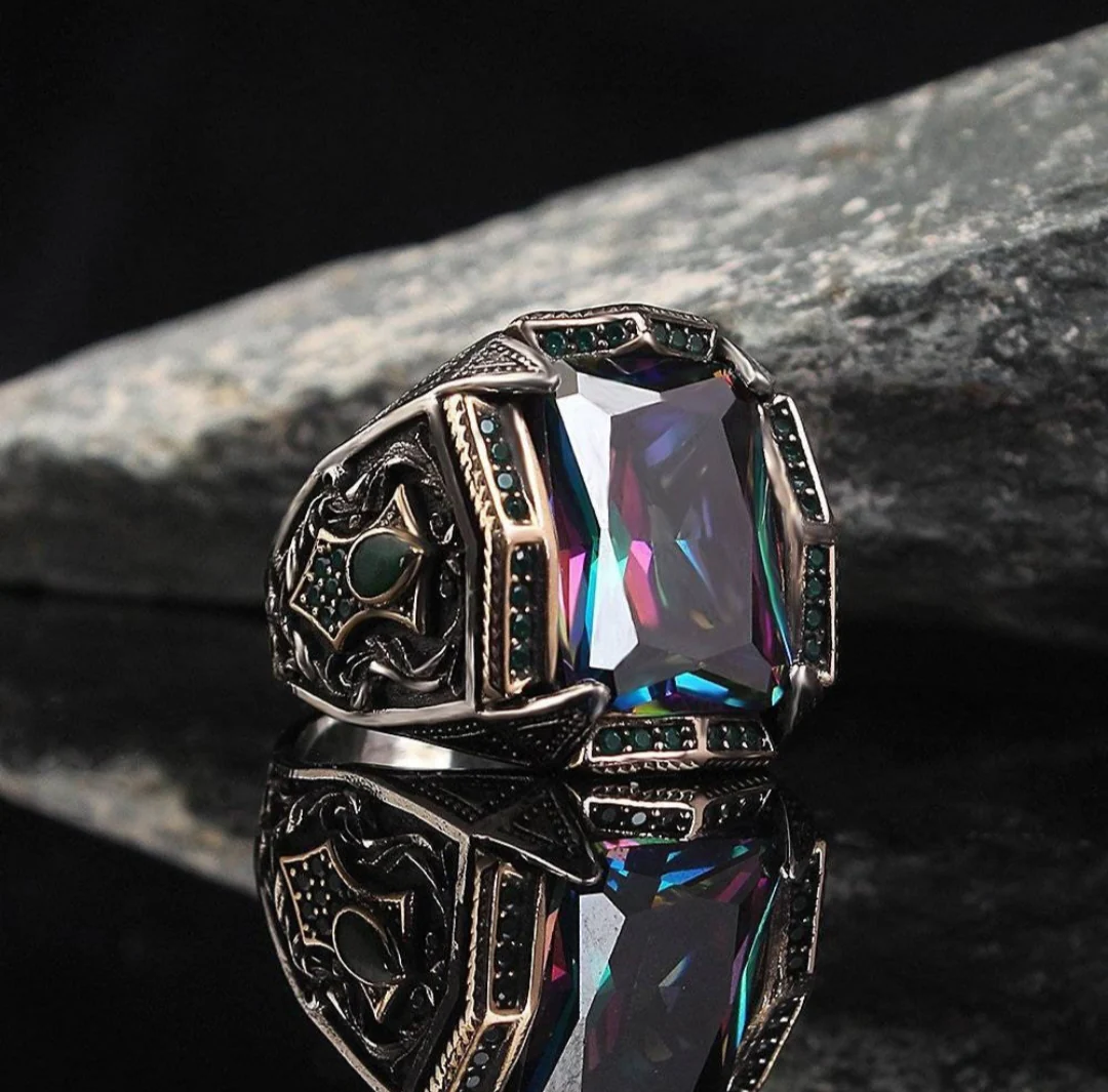 RARE PRINCE by CARAT SUTRA | Unique Designed Turkish Style Heavy Ring with Multicolored Alexandrite | 925 Sterling Silver Oxidized Ring | Men's Jewelry | With Certificate of Authenticity and 925 Hallmark - Image 4