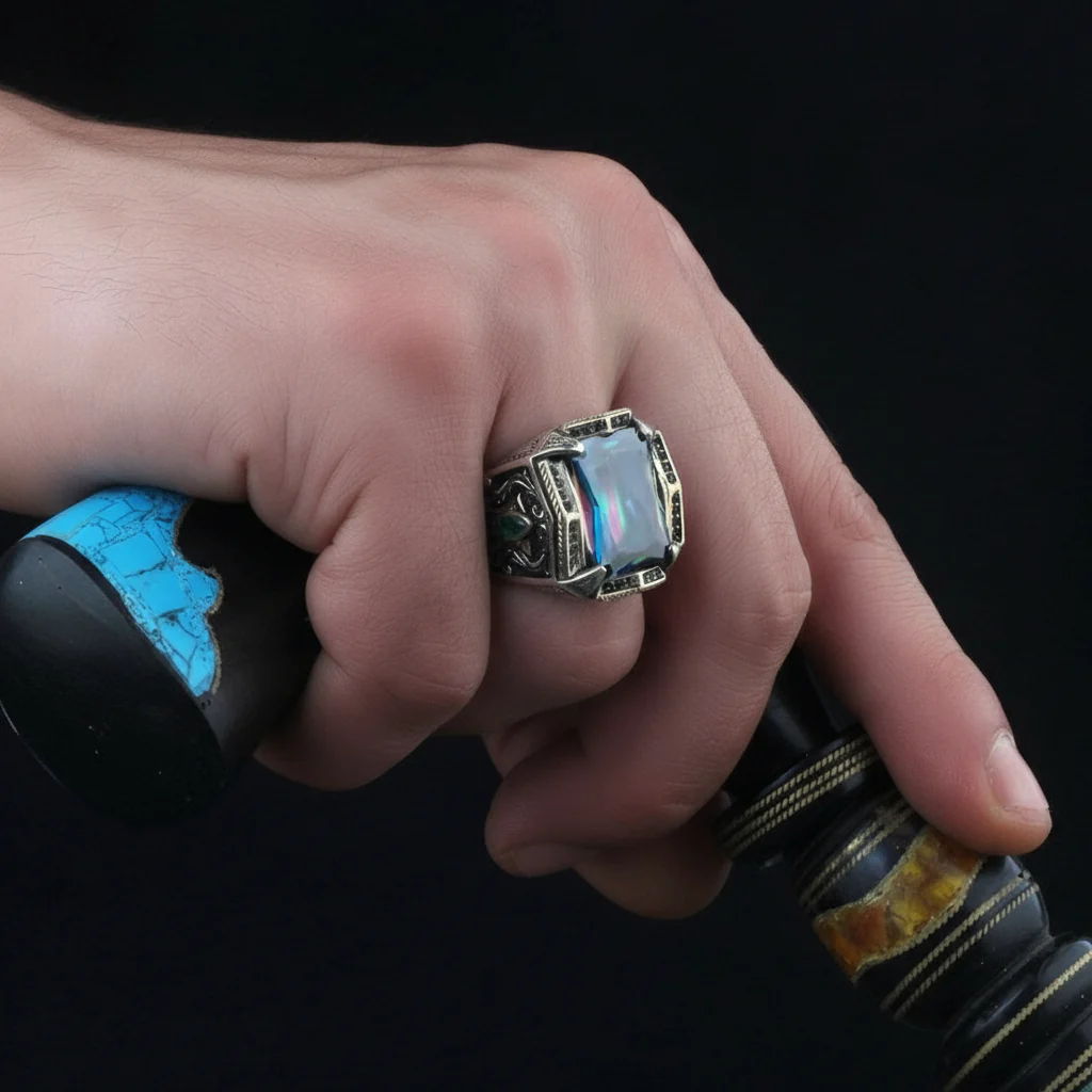 RARE PRINCE by CARAT SUTRA | Unique Designed Turkish Style Heavy Ring with Multicolored Alexandrite | 925 Sterling Silver Oxidized Ring | Men's Jewelry | With Certificate of Authenticity and 925 Hallmark - Image 5