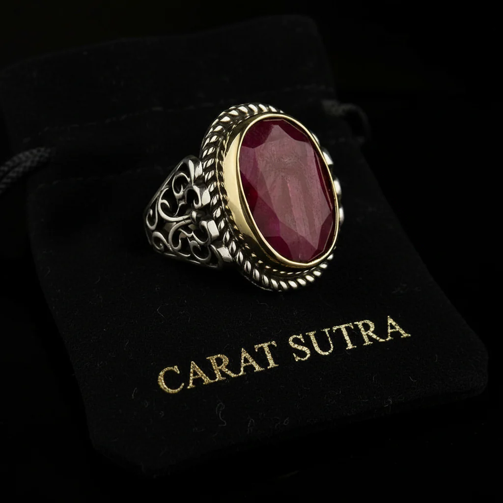 RARE PRINCE by CARAT SUTRA | Unique Designed Turkish Style Heavy Ring with Natural Red Ruby | 22kt Gold Micron Plated 925 Sterling Silver Oxidized Ring | Men's Jewelry | With Certificate of Authenticity and 925 Hallmark