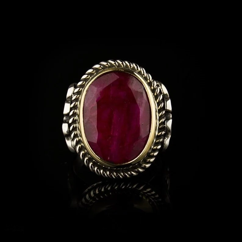 RARE PRINCE by CARAT SUTRA | Unique Designed Turkish Style Heavy Ring with Natural Red Ruby | 22kt Gold Micron Plated 925 Sterling Silver Oxidized Ring | Men's Jewelry | With Certificate of Authenticity and 925 Hallmark - Image 2