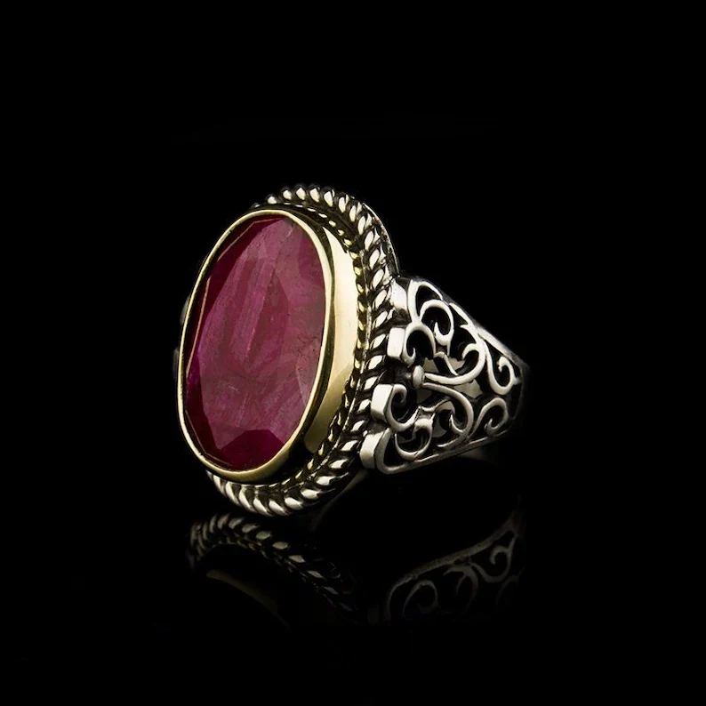 RARE PRINCE by CARAT SUTRA | Unique Designed Turkish Style Heavy Ring with Natural Red Ruby | 22kt Gold Micron Plated 925 Sterling Silver Oxidized Ring | Men's Jewelry | With Certificate of Authenticity and 925 Hallmark - Image 3