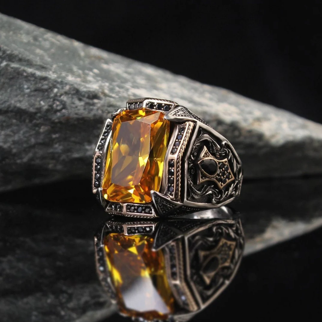 RARE PRINCE by CARAT SUTRA | Unique Designed Turkish Style Heavy Ring with Natural Yellow Citrine | 925 Sterling Silver Oxidized Ring | Men's Jewelry | With Certificate of Authenticity and 925 Hallmark