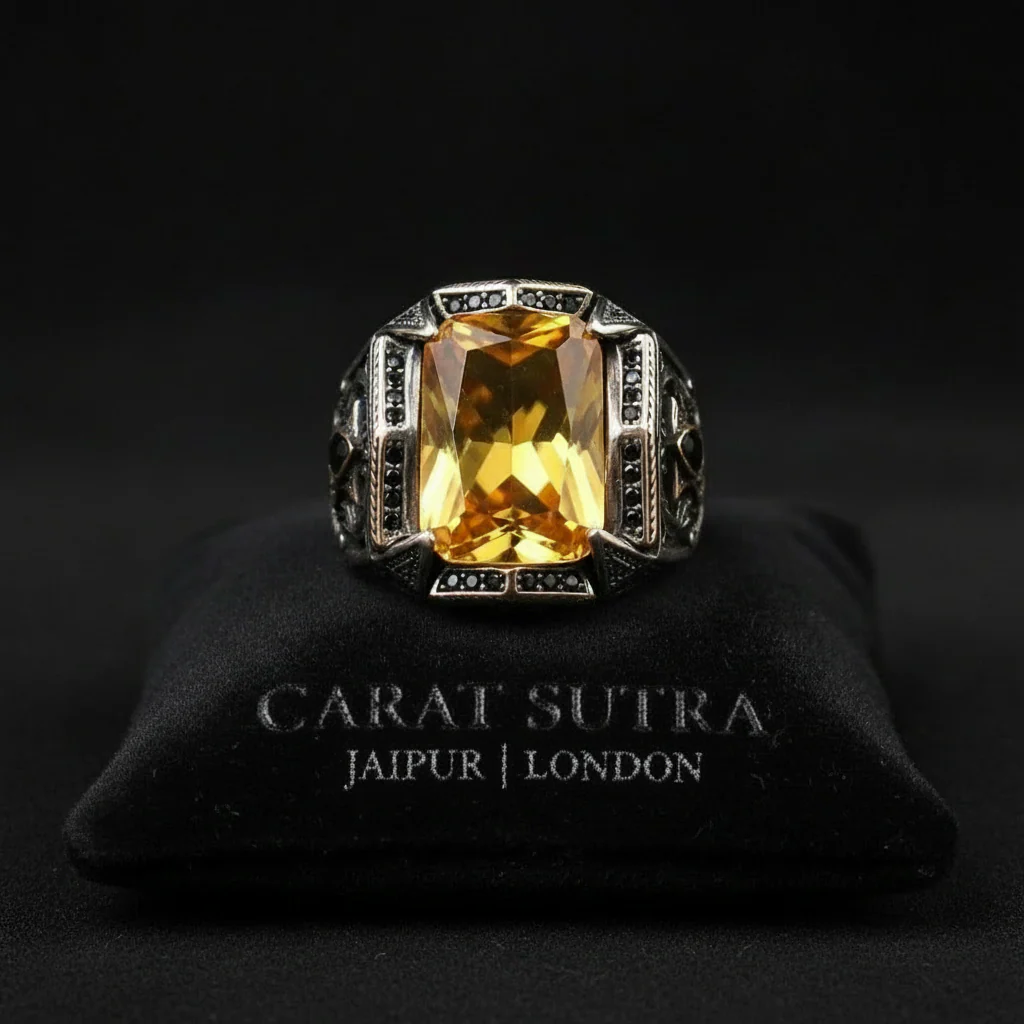 RARE PRINCE by CARAT SUTRA | Unique Designed Turkish Style Heavy Ring with Natural Yellow Citrine | 925 Sterling Silver Oxidized Ring | Men's Jewelry | With Certificate of Authenticity and 925 Hallmark - Image 2