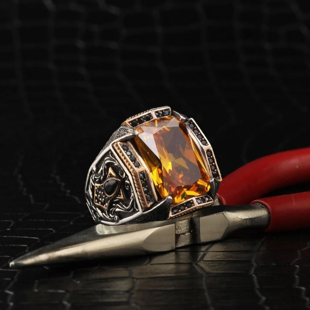 RARE PRINCE by CARAT SUTRA | Unique Designed Turkish Style Heavy Ring with Natural Yellow Citrine | 925 Sterling Silver Oxidized Ring | Men's Jewelry | With Certificate of Authenticity and 925 Hallmark - Image 3