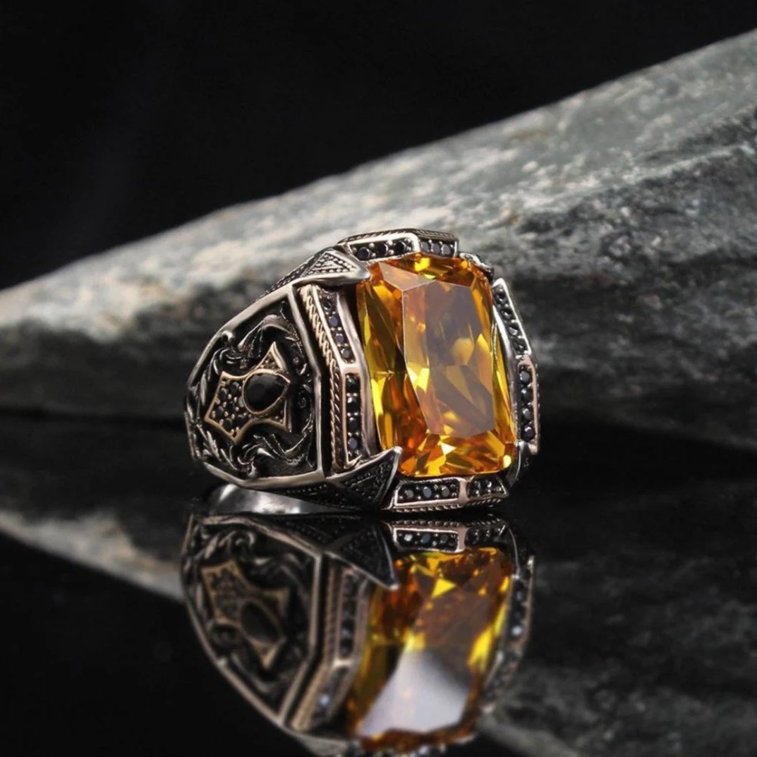 RARE PRINCE by CARAT SUTRA | Unique Designed Turkish Style Heavy Ring with Natural Yellow Citrine | 925 Sterling Silver Oxidized Ring | Men's Jewelry | With Certificate of Authenticity and 925 Hallmark - Image 4