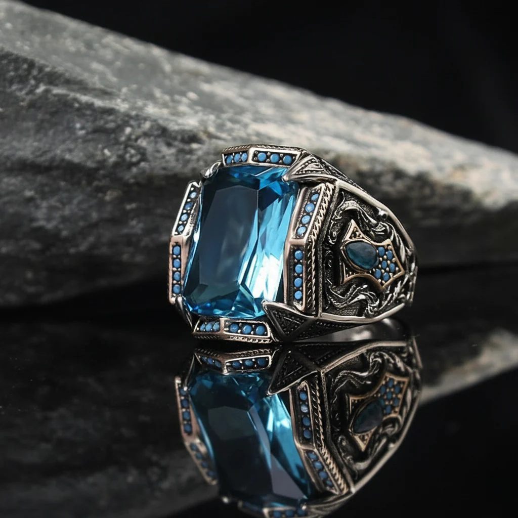 RARE PRINCE by CARAT SUTRA | Unique Designed Turkish Style Heavy Ring with Blue Topaz | 925 Sterling Silver Oxidized Ring | Men's Jewelry | With Certificate of Authenticity and 925 Hallmark