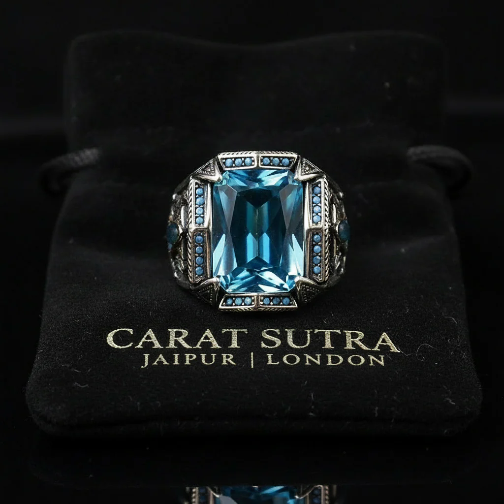 RARE PRINCE by CARAT SUTRA | Unique Designed Turkish Style Heavy Ring with Blue Topaz | 925 Sterling Silver Oxidized Ring | Men's Jewelry | With Certificate of Authenticity and 925 Hallmark - Image 2