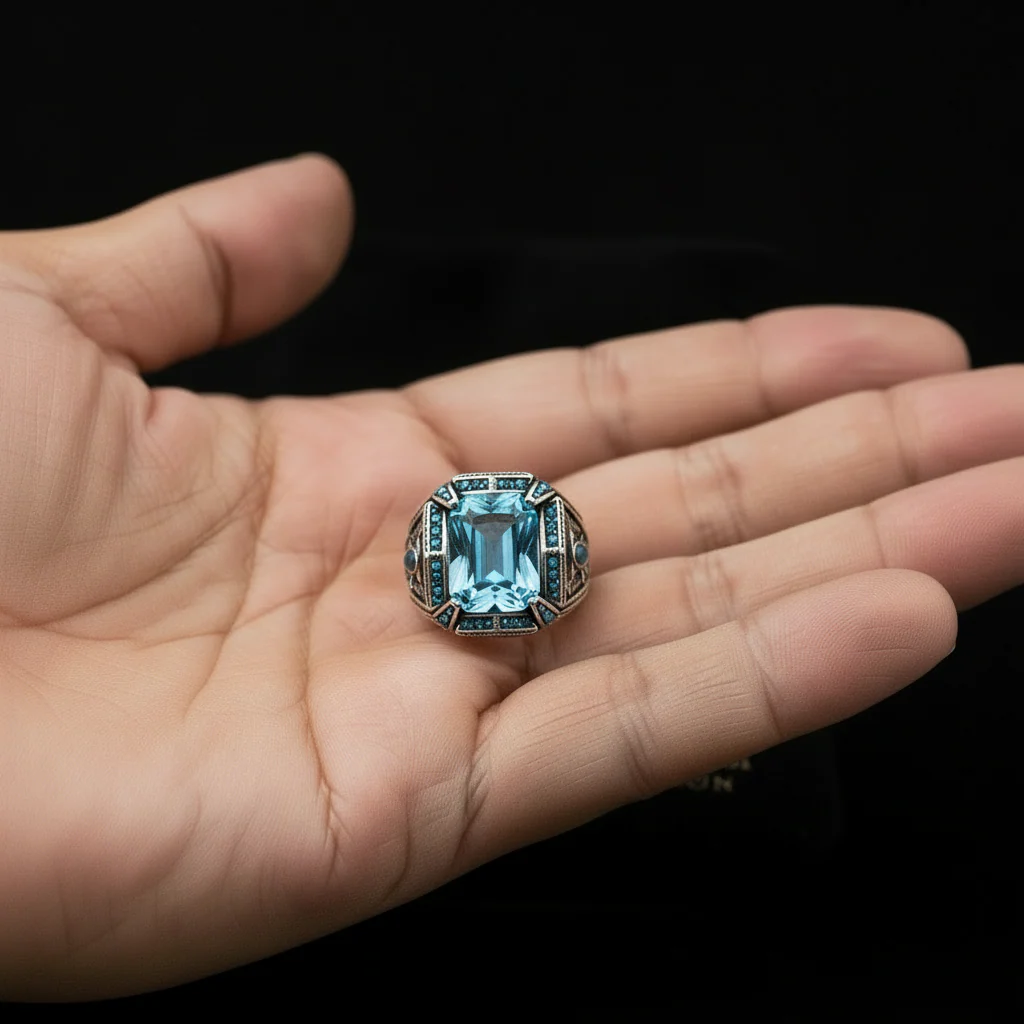 RARE PRINCE by CARAT SUTRA | Unique Designed Turkish Style Heavy Ring with Blue Topaz | 925 Sterling Silver Oxidized Ring | Men's Jewelry | With Certificate of Authenticity and 925 Hallmark - Image 3