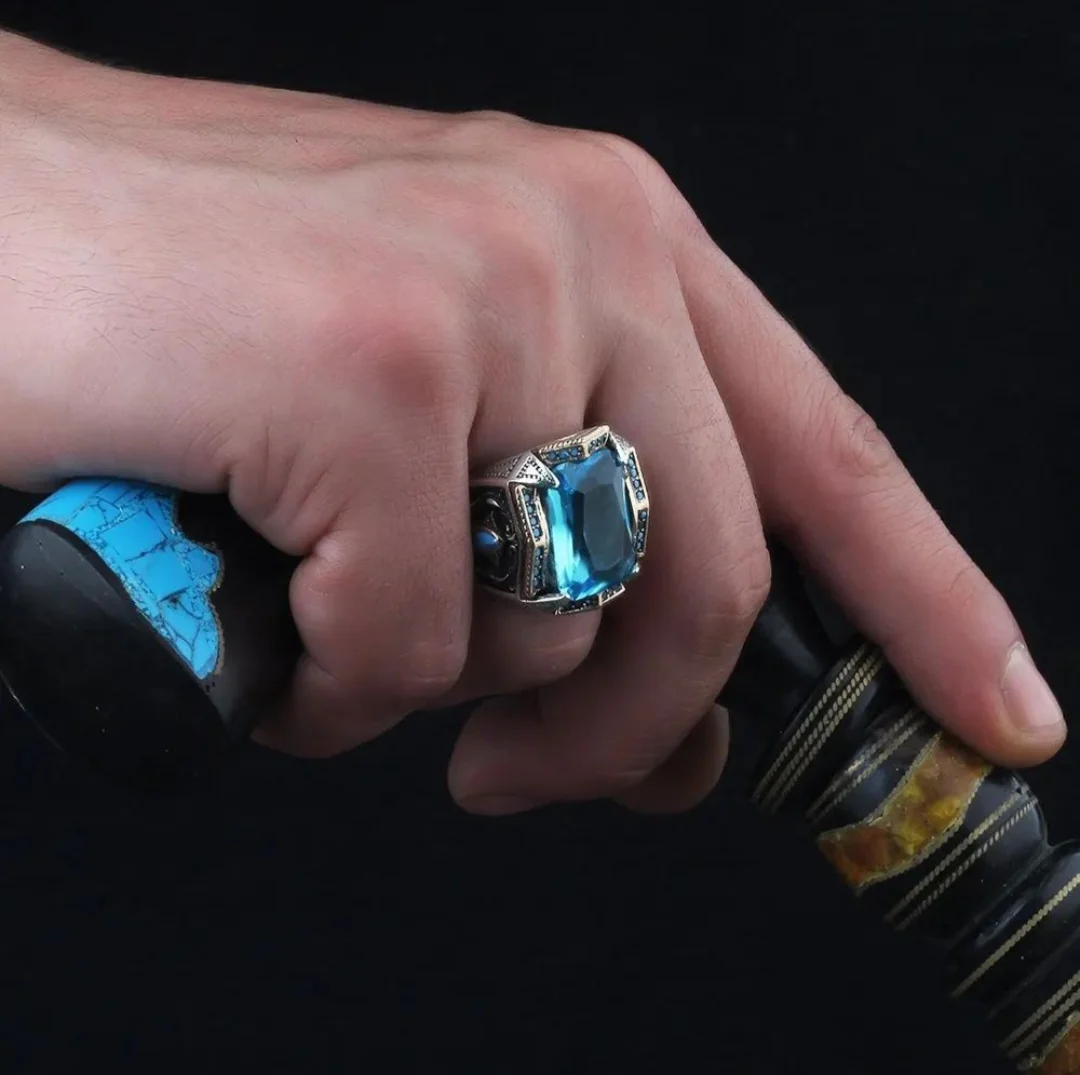 RARE PRINCE by CARAT SUTRA | Unique Designed Turkish Style Heavy Ring with Blue Topaz | 925 Sterling Silver Oxidized Ring | Men's Jewelry | With Certificate of Authenticity and 925 Hallmark - Image 4