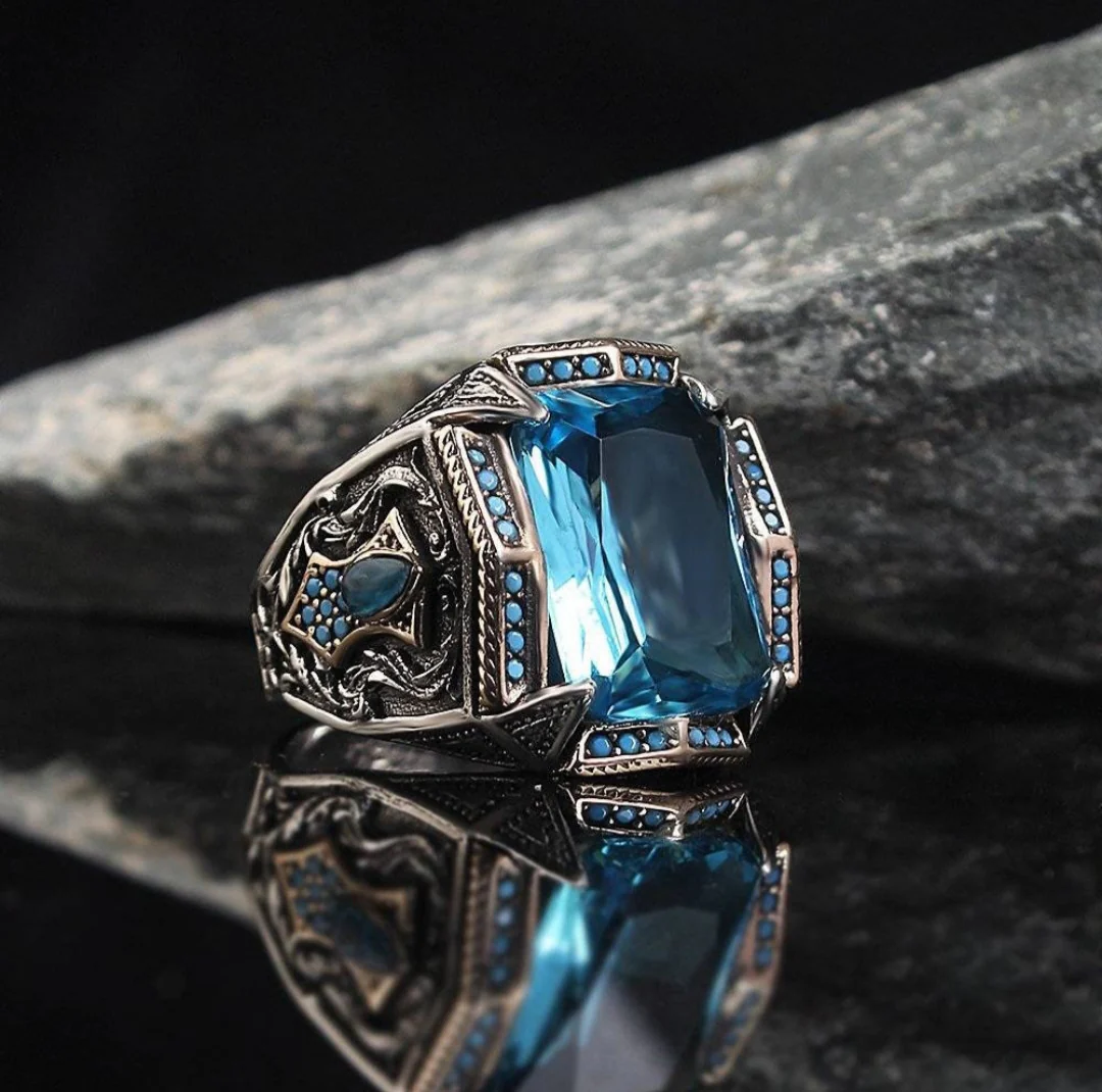 RARE PRINCE by CARAT SUTRA | Unique Designed Turkish Style Heavy Ring with Blue Topaz | 925 Sterling Silver Oxidized Ring | Men's Jewelry | With Certificate of Authenticity and 925 Hallmark - Image 5