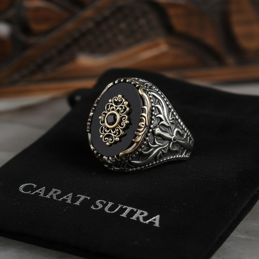 RARE PRINCE by CARAT SUTRA | Unique Designed Turkish Style Ring with Natural Black Onyx | 925 Sterling Silver Oxidized Ring | Men's Jewelry | With Certificate of Authenticity and 925 Hallmark - Image 3