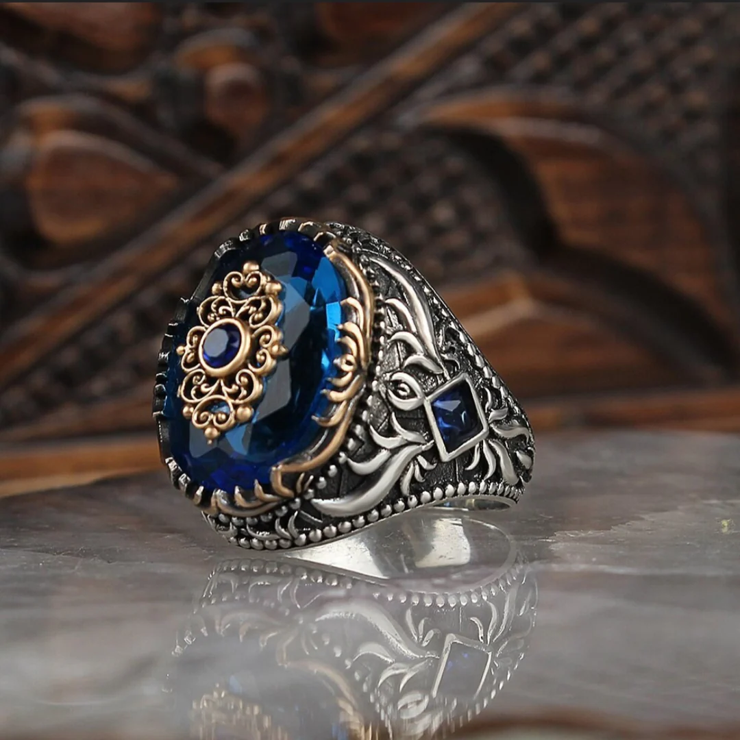 RARE PRINCE by CARAT SUTRA | Unique Designed Turkish Style Ring with Blue Topaz Stone | 925 Sterling Silver Oxidized Ring | Men's Jewelry | With Certificate of Authenticity and 925 Hallmark