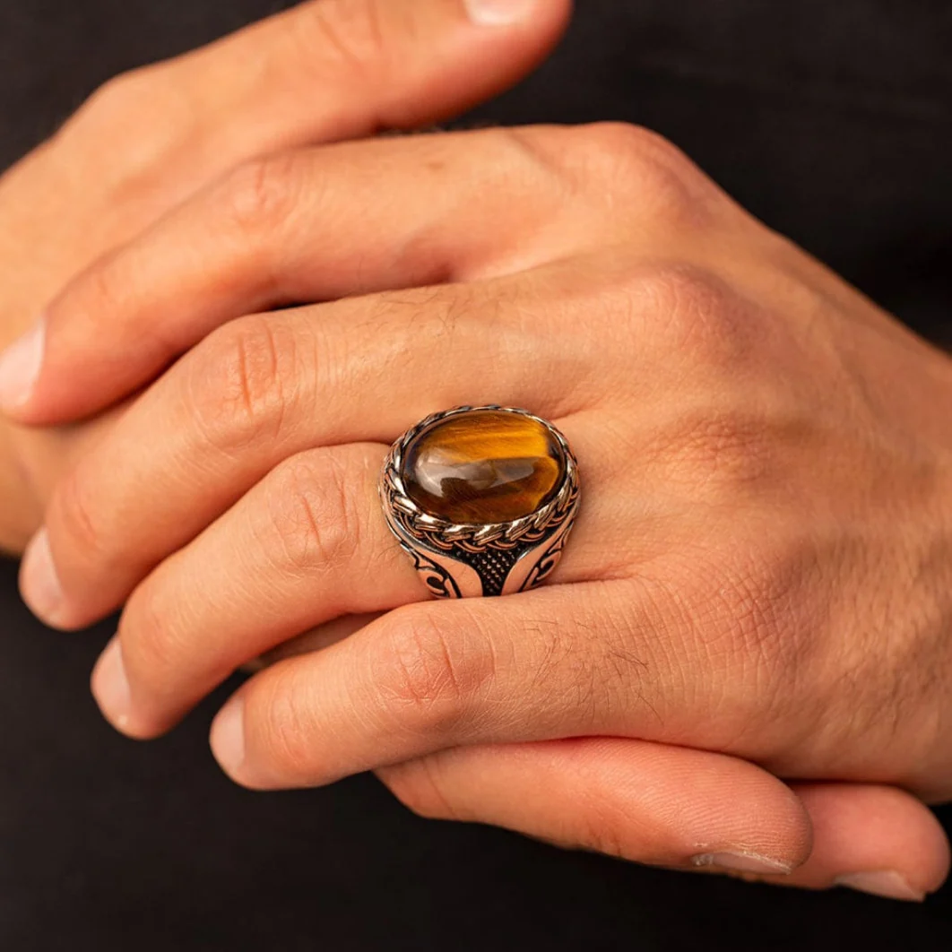 RARE PRINCE by CARAT SUTRA | Unique Designed Turkish Style Ring with Natural Tiger Eye | 925 Sterling Silver Oxidized Ring | Men's Jewelry | With Certificate of Authenticity and 925 Hallmark - Image 3