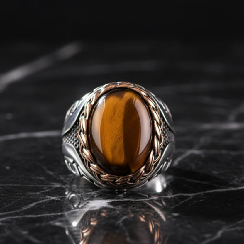 RARE PRINCE by CARAT SUTRA | Unique Designed Turkish Style Ring with Natural Tiger Eye | 925 Sterling Silver Oxidized Ring | Men's Jewelry | With Certificate of Authenticity and 925 Hallmark - Image 5