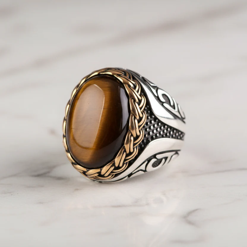 RARE PRINCE by CARAT SUTRA | Unique Designed Turkish Style Ring with Natural Tiger Eye | 925 Sterling Silver Oxidized Ring | Men's Jewelry | With Certificate of Authenticity and 925 Hallmark - Image 6