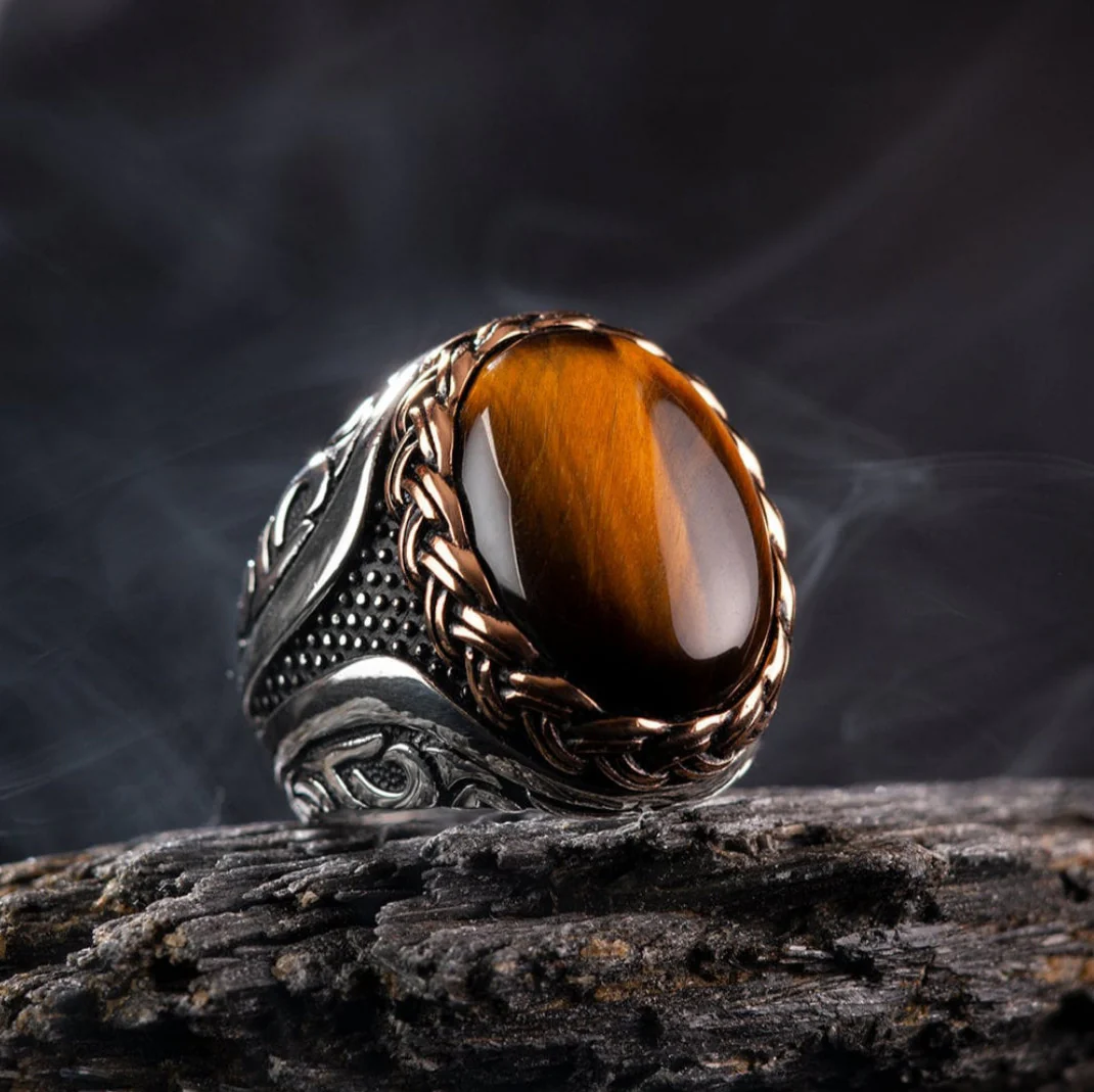 RARE PRINCE by CARAT SUTRA | Unique Designed Turkish Style Ring with Natural Tiger Eye | 925 Sterling Silver Oxidized Ring | Men's Jewelry | With Certificate of Authenticity and 925 Hallmark - Image 7